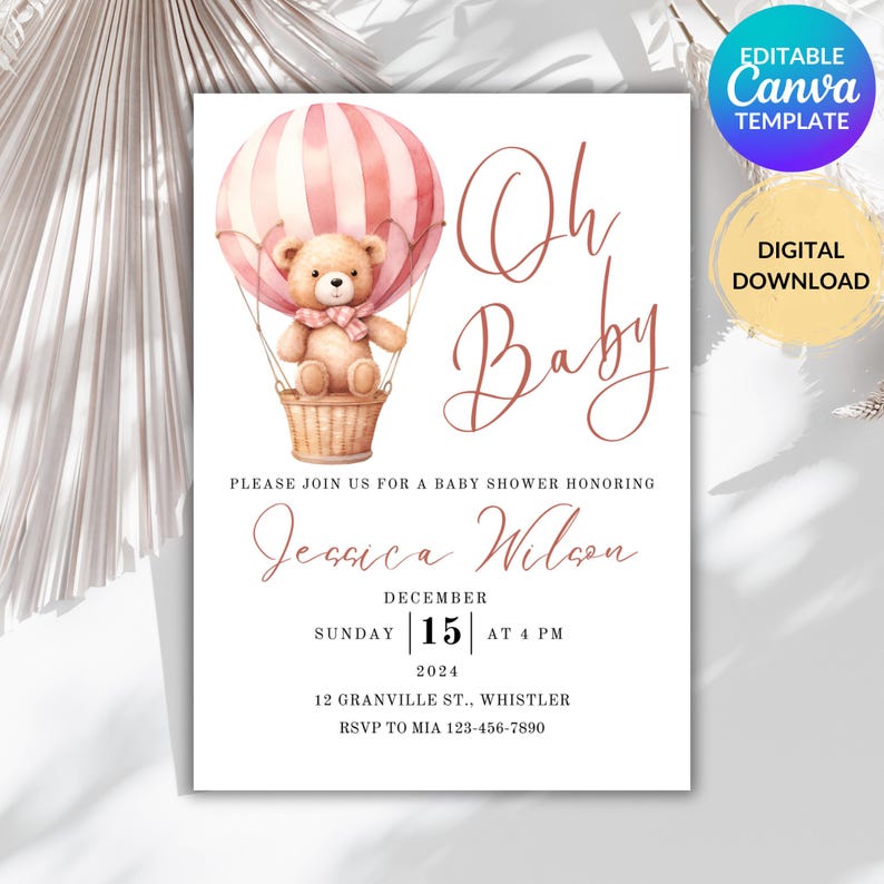 Editable Pink Teddy Bear Baby Shower Invitation, Baby Girl Bear Balloon ...