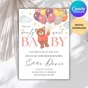 Editable Teddy Bear Baby Shower Invitation Template, We Can Bearly Wait Baby Shower Invite, Bear With Balloons Baby Shower Digital Download
