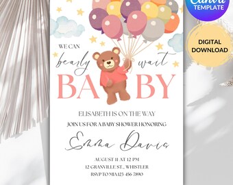 Redigerbar mall för babyshowerinbjudan till nallebjörn, We Can Bearly Wait babyshowerinbjudan, digital nedladdning av nallebjörn med ballonger