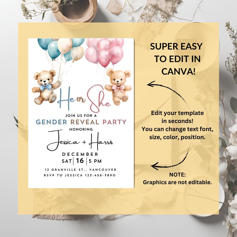EDITABLE Teddy Bears Gender Reveal Invitation, He or She Invite ...