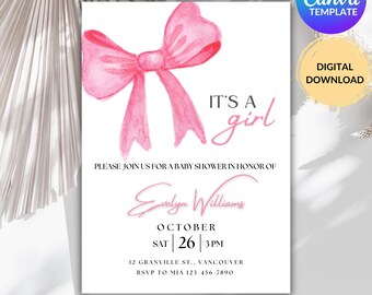 Pink Bow Baby Shower Invitation, Minimalist Baby Girl Invite, Editable Pink Elegant Coquette Baby Shower Invite, Girl Baby Shower Invitation