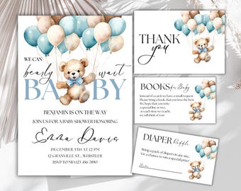 EDITABLE We Can Bearly Wait Baby Shower, Blue Teddy Bear Baby Shower Invitation, Teddy Bear with Balloons Baby Shower, Boy Baby Shower Evite