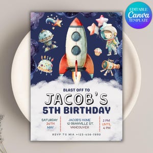 Invitation d'anniversaire dans l'espace MODIFIABLE, invitation d'anniversaire dans l'espace, invitation d'anniversaire de fusée, fête d'astronaute, téléchargement immédiat sur le thème de la galaxie