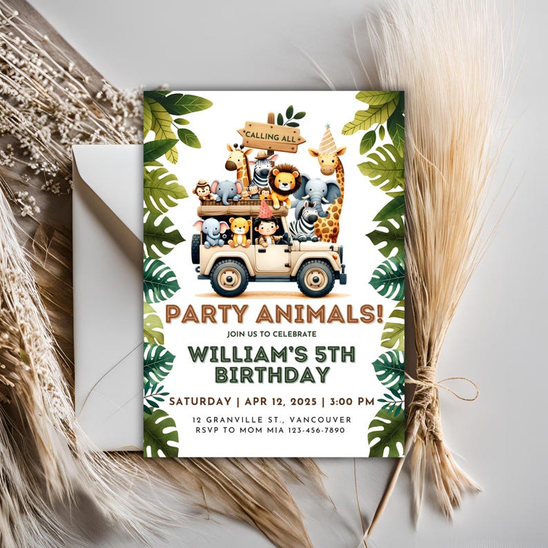 Safari Jungle Animals Birthday Invitation, Editable Canva Template ...