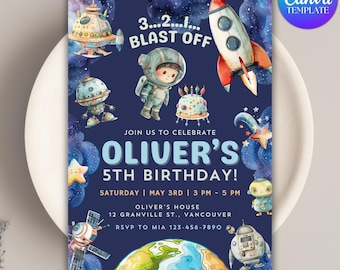 Editable Space Birthday Invitation, Astronaut Galaxy Party Invite (Digital Download)