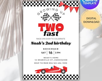 EDITABLE Racing Car Birthday Invitation, Two Fast 2nd Birthday Invite, Race Car Boy Party Template, Printable Invite, Instant Download