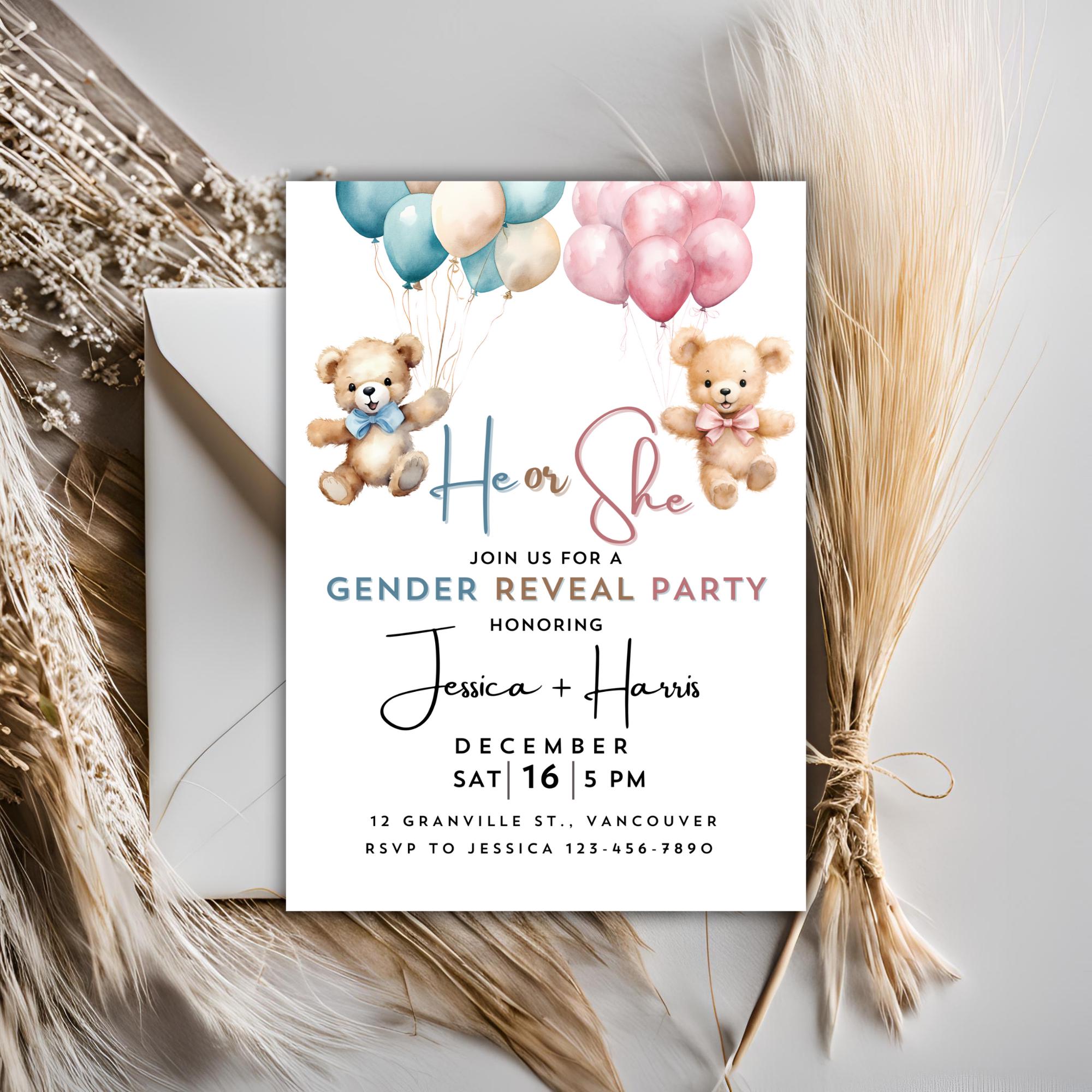 EDITABLE Teddy Bears Gender Reveal Invitation, He or She Invite ...