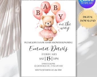 Pink Teddy Bear Baby Shower Invitation, Editable We Can Bearly Wait Invite (Digital Download)