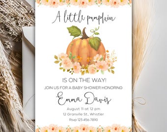 EDITABLE Little Pumpkin Is On The Way Baby Shower Invite, Pumpkin Baby Shower Invite, Fall Boho Baby Shower Invite, Canva Instant Download