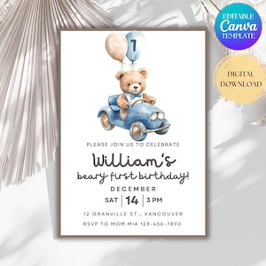 EDITABLE Teddy Bear First Birthday Invitation, Beary First Birthday Invite, Boy 1st Birthday Invite, Teddy Bear In Blue Car Instant Download