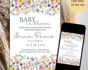 Invito per baby shower con fiori di campo, floreale pastello, modello modificabile (download digitale)
