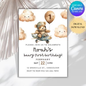 Convite de aniversário de ursinho de pelúcia EDITÁVEL para qualquer idade, convite para o primeiro aniversário do ursinho, convite de aniversário minimalista para ursinho de pelúcia, ursinho com balão