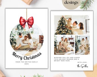 Christmas Photo Card Template Canva, Merry Christmas Family Card, Printable Holiday Photo Card, Red Bow Christmas Card, 5x7 Instant Download