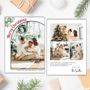 Modello di biglietto fotografico di Buon Natale, biglietto di Natale per la famiglia stampabile, biglietto di auguri di Buone Feste con foto ad arco minimalista modificabile, download immediato