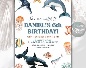 海の中の誕生日招待状、海の動物たち、編集可能なテンプレート（デジタルダウンロード）