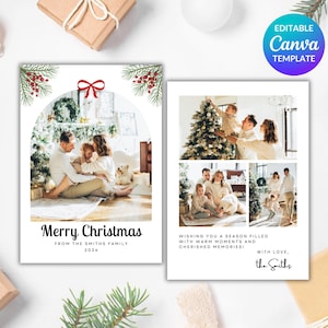 Minimalistische Foto Weihnachtskartenvorlage, druckbare Weihnachtskarten für die Familie, bearbeitbare Weihnachtskarte für das Familienbild mit roter Schleife, Sofort Download