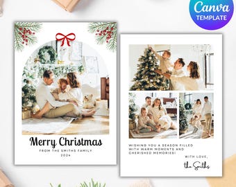 Minimalist Photo Christmas Card Template, Printable Family Christmas Card, Editable Family Picture Red Bow Holiday Card, Instant Download