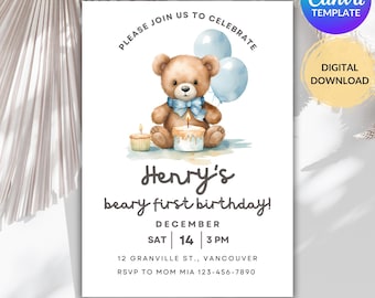 EDITABLE First Birthday Invitation, Beary First Birthday Invite, Minimalist Boy Birthday Party Invite, Blue Teddy Bear, Instant Download
