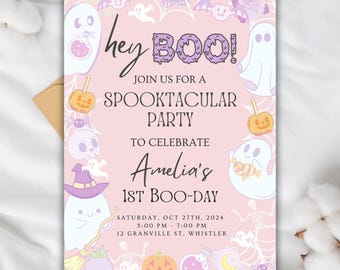 BEWERKBARE Halloween-verjaardagsuitnodiging, Hey Boo Cute Ghost-verjaardagsuitnodiging, Pink Girl Spooktacular Halloween-feest, direct downloaden