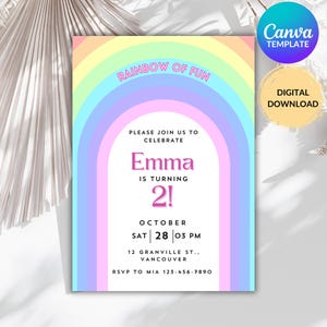 Invitación de cumpleaños arcoíris editable, invitación digital de cumpleaños arcoíris divertida, invitación imprimible para fiesta arcoíris pastel, descarga instantánea