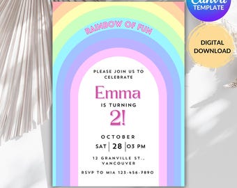Editable Rainbow Birthday Invitation, Rainbow Of Fun Birthday Digital Invite, Pastel Rainbow Party Printable Invite, Instant Download