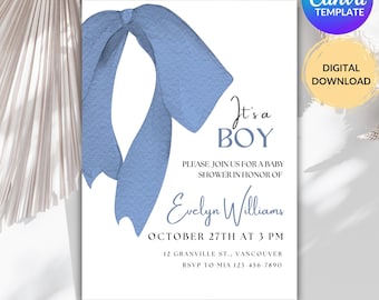Editable Blue Bow Baby Shower Invitation, Minimalist Baby Boy Invite, Elegant Coquette Baby Shower, Boy Baby Shower Evite, Instant Download