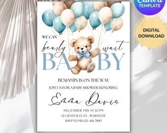 Editable Blue Teddy Bear Baby Shower Invitation, We Can Bearly Wait Invite, Bear With Balloons, Boy Baby Shower Template, Instant Download