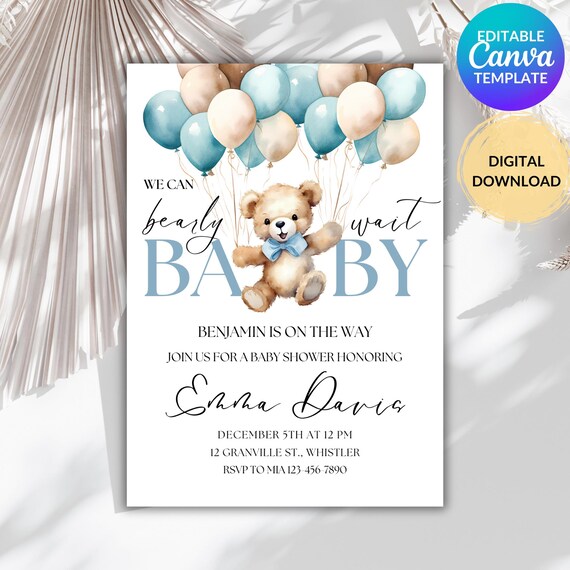 Editable Blue Teddy Bear Baby Shower Invitation, We Can Bearly Wait Invite, Bear With Balloons, Boy Baby Shower Template, Instant Download