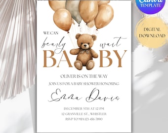 Editable Teddy Bear Baby Shower Invitation, Neutral Balloons (Digital Download)
