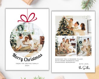 Minimalist Photo Christmas Card Template, Red Bow (Digital Download)