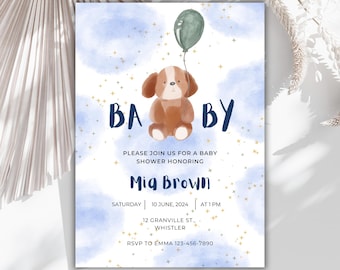 EDITABLE Puppy Baby Shower Invitation, Puppy Dog Baby Shower Invite, Green Balloon Baby Shower, Digital Printable, Instant Download