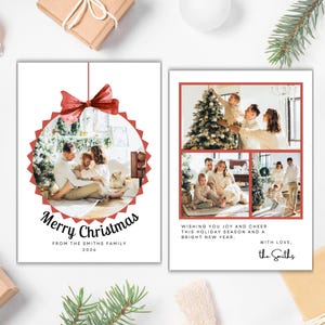 Frohe Weihnachten Foto Kartenvorlage, druckbare minimalistische Familie Weihnachtskarte, bearbeitbare Bild rote Schleife Urlaub Karte, Instant Download
