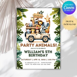 Verjaardagsuitnodiging Safari Jungle Animals, bewerkbare canvassjabloon (digitale download)