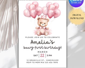 Pink Teddy Bear First Birthday Invitation, Editable Canva Template (Digital Download)