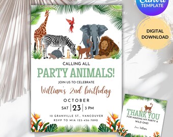May include: A printable invitation for a child's second birthday party with a jungle animal theme. The invitation features a giraffe, zebra, elephant, lion, monkey, and a red bird. The text on the invitation reads "Calling all Party Animals! Join us to celebrate William's 2nd birthday. October 23, 3 PM. 12 Granville St., Vancouver. RSVP to Mia 123-456-7890". A thank you tag is included with the text "Thank you for making my party a wild one! Love William".
