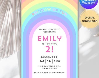 EDITABLE Rainbow Birthday Invitation, Rainbow Of Fun Birthday Invite, Pastel Rainbow Party Invite, Canva Template, Instant Download