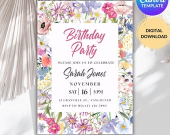 Flower Birthday Invitation, Wildflower Birthday Invite, Floral Birthday Party, Mother's Day Editable Canva Template, Instant Download