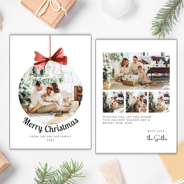 Merry Christmas Photo Card Template, Printable Minimalist Family Christmas Card, Editable Picture Red Bow Holiday Card, Instant Download