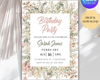 Wildflower Birthday Invitation, Floral Party Template (Digital Download)