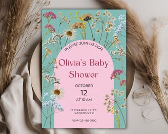 EDITABLE Wildflower Baby Shower Invitation, Girls Baby Shower Invitation Template, Pink Baby Shower Printable Invitation, Instant Download
