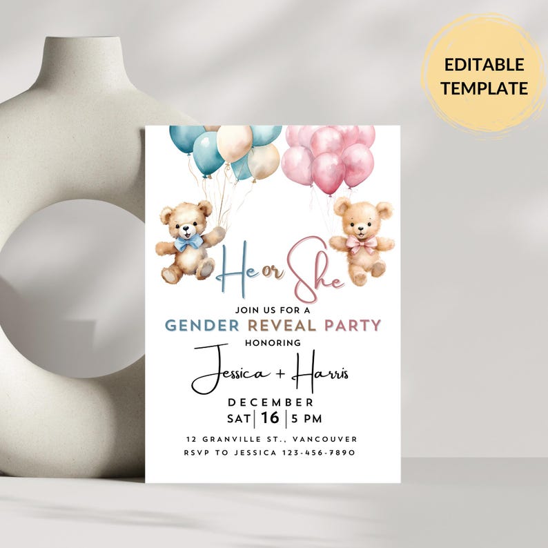 EDITABLE Teddy Bears Gender Reveal Invitation, He or She Invite ...
