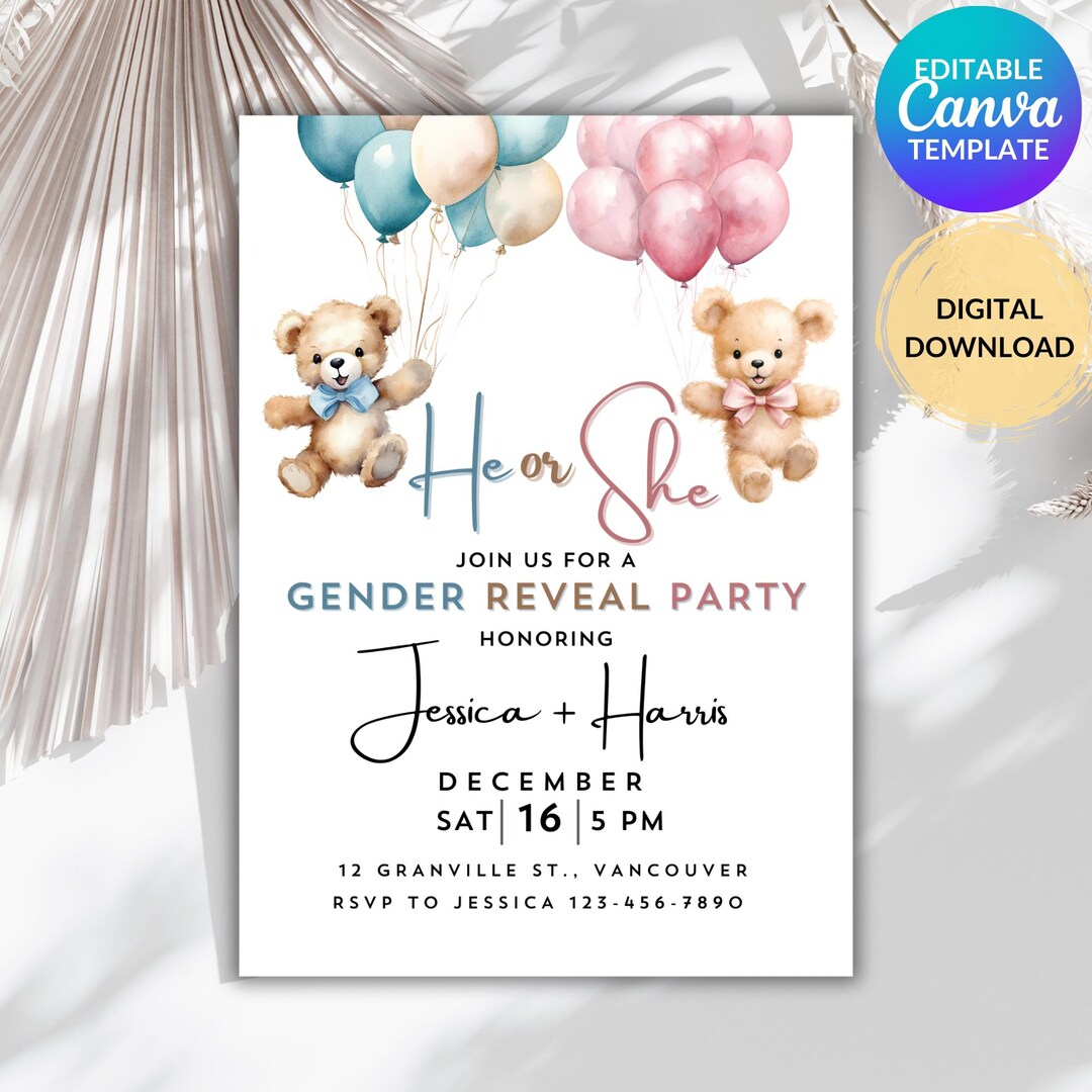 EDITABLE Teddy Bears Gender Reveal Invitation, He or She Invite ...