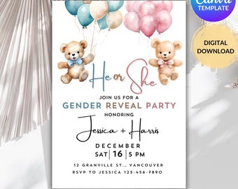 EDITABLE Teddy Bears Gender Reveal Invitation, He Or She Invite Template, Boy Or Girl Party Invite, Boho Bear with Balloons Instant Download