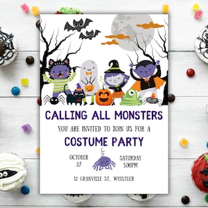 Editable Calling All Monsters Halloween Party Invitation, Kids Halloween Costume Party Invitation, Halloween Monsters Birthday Invite