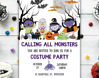 Editable Calling All Monsters Halloween Party Invitation, Kids Halloween Costume Party Invitation, Halloween Monsters Birthday Invite
