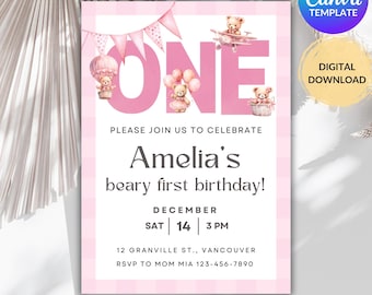 Invitación editable para el primer cumpleaños de un osito de peluche, para niña, para imprimir y descargar al instante.