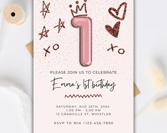 Editable Girl First Birthday Invitation, Pink Balloon 1st Birthday Invite, Princess Girl Birthday Printable Invite, Instant Digital Download