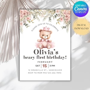 Bearbeitbare Mädchen zum ersten Geburtstagseinladung, Beary zum ersten Geburtstag einladen, Minimalistische Blumenkarte, Prinzessin zum 1. Geburtstag einladen, Sofort-Download