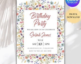 Wildflower Birthday Invitation, Editable Floral Party Template (Digital Download)
