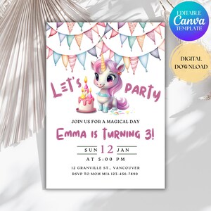 EDITABLE Unicorn Birthday Invitation, Colorful 1st Birthday Invite, Unicorn First Birthday Party, Girl Magical Day Invite, Instant Download